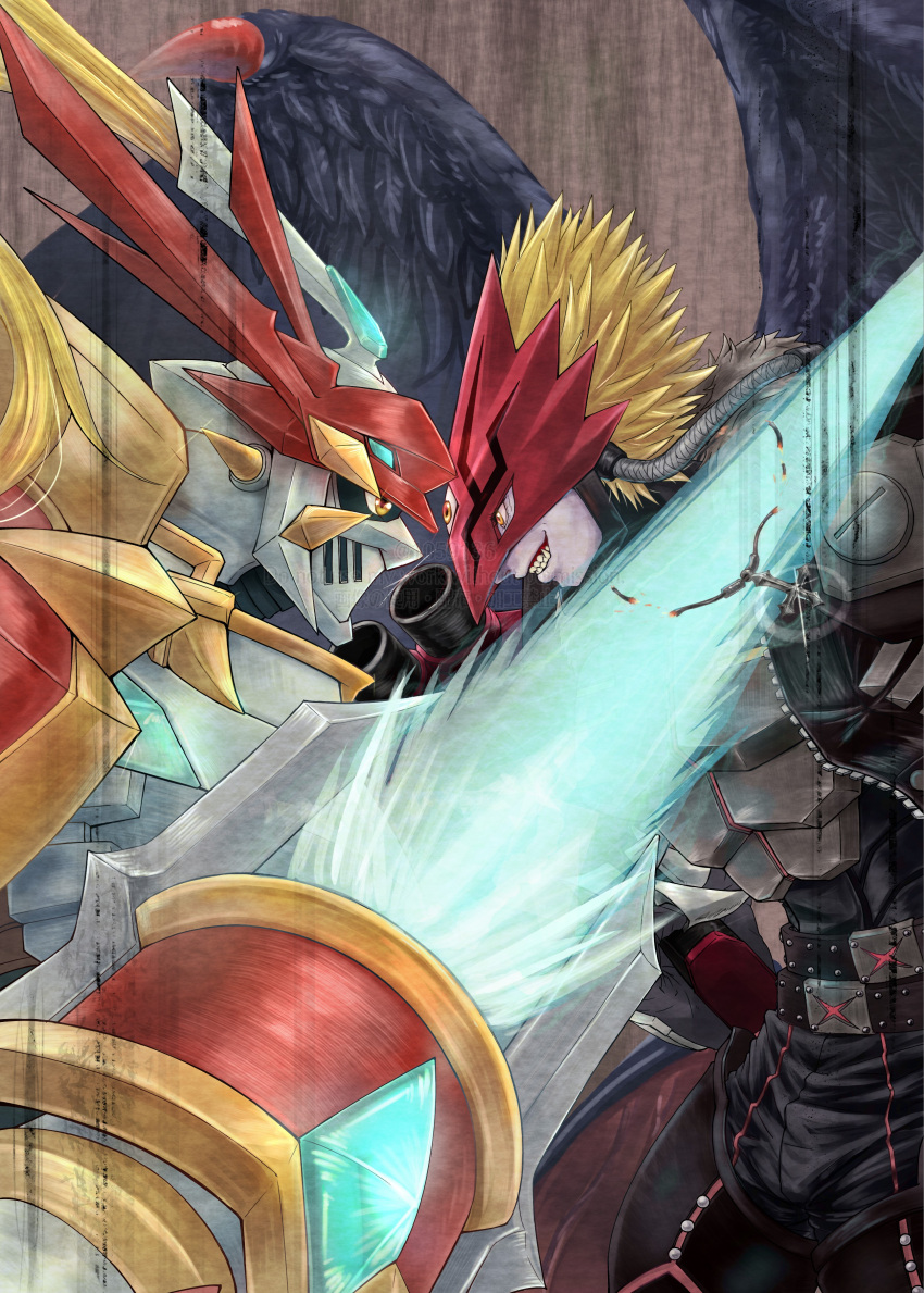 2boys, absurdres, beelzebumon, beelzebumon_x-antibody, black_jacket, black_pants, black_wings, blonde_hair, cowboy_shot, cropped_jacket, demon_boy, digimon, digimon_(creature), dukemon, dukemon_x-antibody, energy_blade, feathered_wings, from_side, gun, highres, holding, holding_gun, holding_polearm, holding_weapon, jacket, knight, lance, male_focus, minmin_(mtnr-minmin), multiple_boys, open_clothes, open_jacket, pants, polearm, profile, red_mask, short_hair, spiky_hair, third_eye, weapon, wings, yellow_eyes