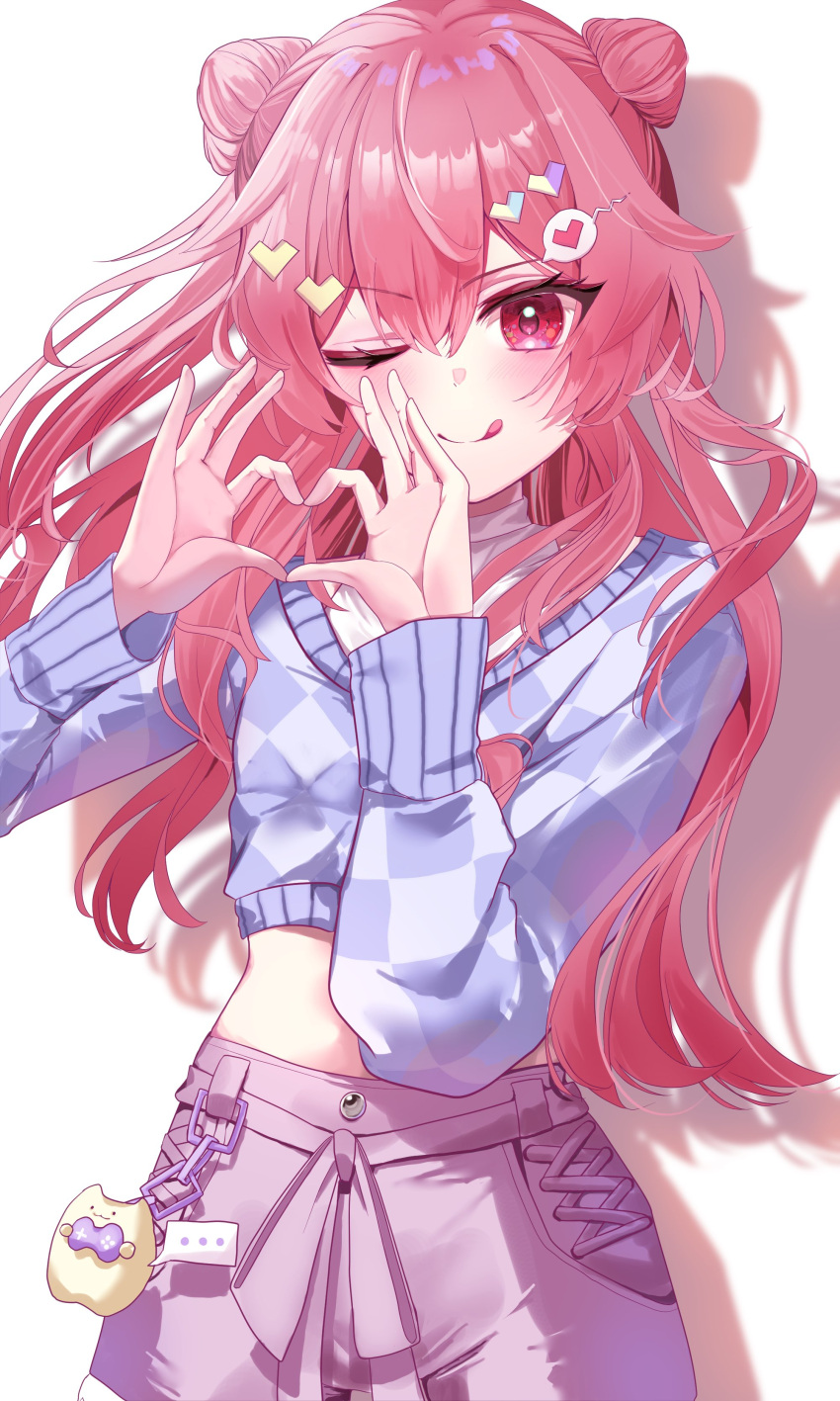 ..., 1girl, ;q, absurdres, blush, chase_my_ideal_idol!_(project_sekai), checkered_clothes, checkered_sweater