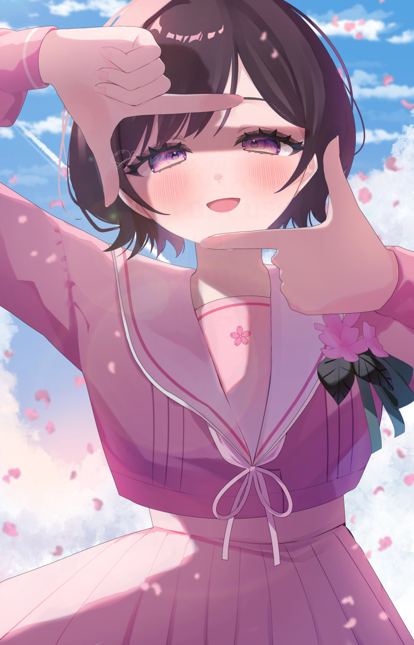 1girl, absurdres, blush, brown_hair, cherry_blossoms, eukr5772, falling_petals, finger_frame