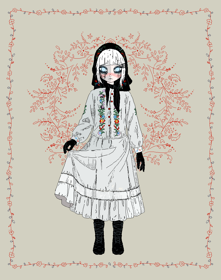 1girl, android, black_boots, black_eyeshadow, black_gloves, black_headscarf, blue_eyes, blunt_bangs