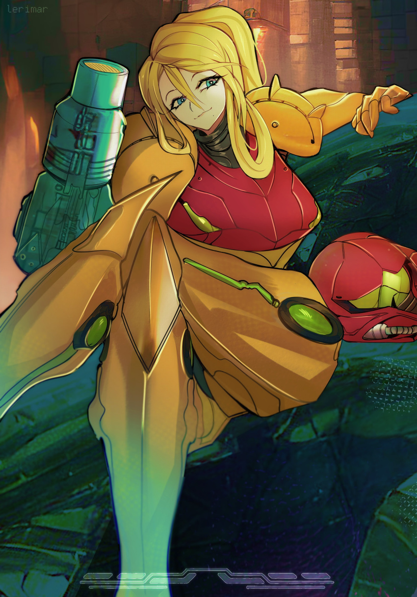 1girl, absurdres, arm_cannon, armor, blonde_hair, blue_eyes, brown_background, closed_mouth