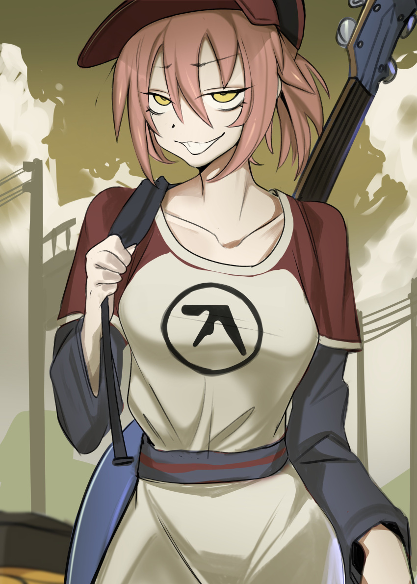 1girl, absurdres, aphex_twin, bags_under_eyes, brown_sky, clouds, commentary, cowboy_shot, electric_guitar, flcl, grin, guitar, hair_between_eyes, haruhara_haruko, hat, highres, instrument, layered_sleeves, lerimar, long_bangs, long_sleeves, looking_at_viewer, pink_hair, power_lines, raglan_sleeves, red_hat, shirt, short_hair, short_over_long_sleeves, short_sleeves, smile, solo, utility_pole, white_shirt, yellow_eyes