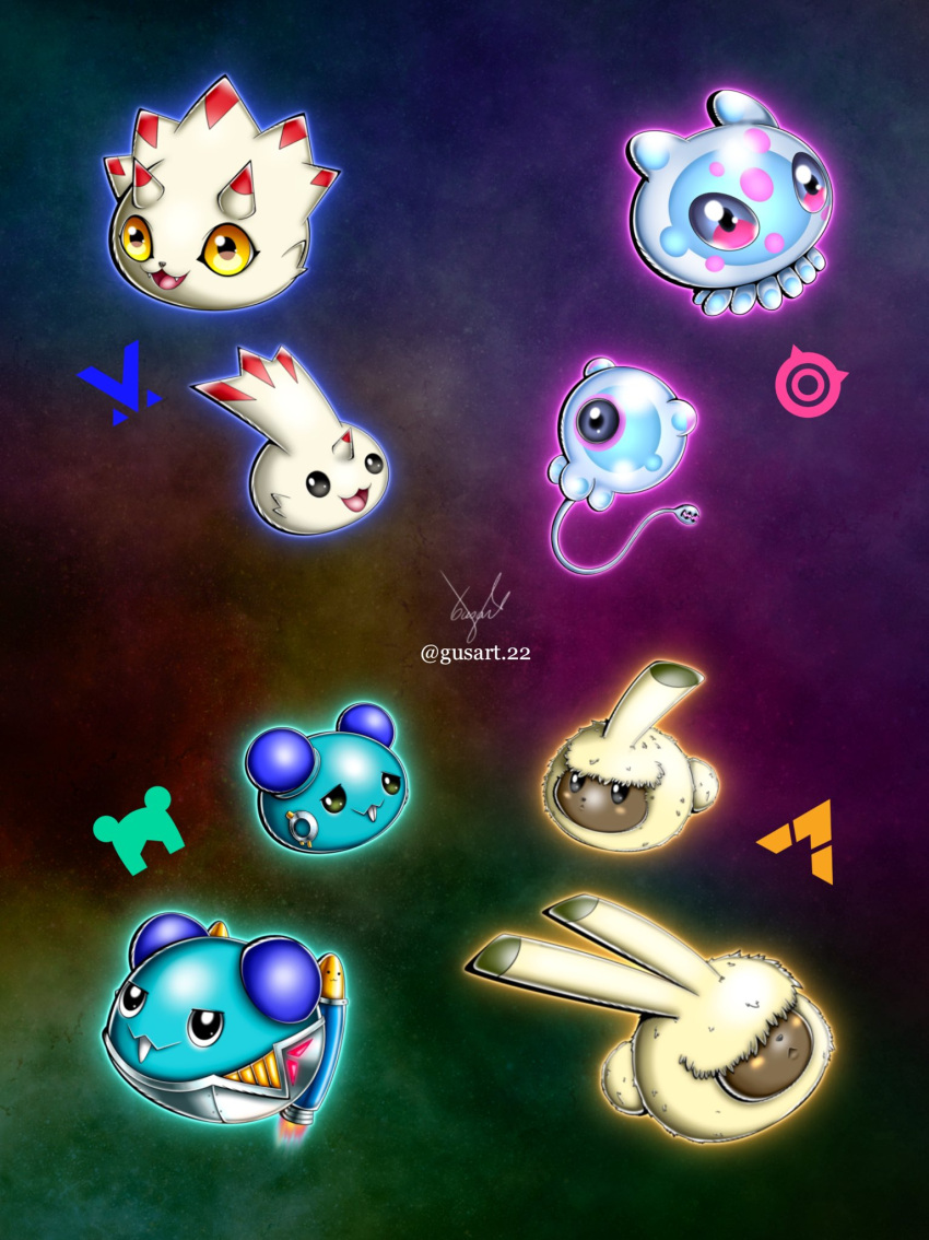 bosamon, circle, curimon, dark_skin, digimon, digimon_(creature), digimon_ghost_game, floating, gurimon, gusart, happy, highres, horns, jellyfish, mouse_(animal), oridigi, puyomon, puyoyomon, pyonmon, smile, tentacles