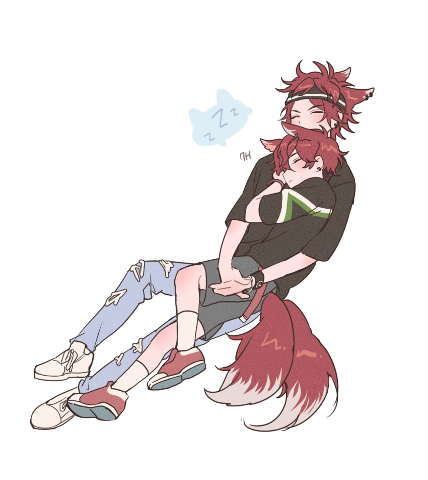 2boys, amagi_hiiro, amagi_rinne, animal_ear_piercing, animal_ears, arm_up, black_headband, black_shirt, black_shorts, blue_pants, bracelet, closed_eyes, closed_mouth, denim, earrings, ensemble_stars!, fox_boy, fox_tail, full_body, headband, highres, hug, jeans, jewelry, kemonomimi_mode, male_focus, multiple_boys, own_hands_clasped, own_hands_together, pants, parted_bangs, red_hair, red_shoes, shared_speech_bubble, shirt, shoes, shorts, simple_background, sleeping, sneakers, speech_bubble, t-shirt, tail, white_background, white_shoes, znjxlz, zzz