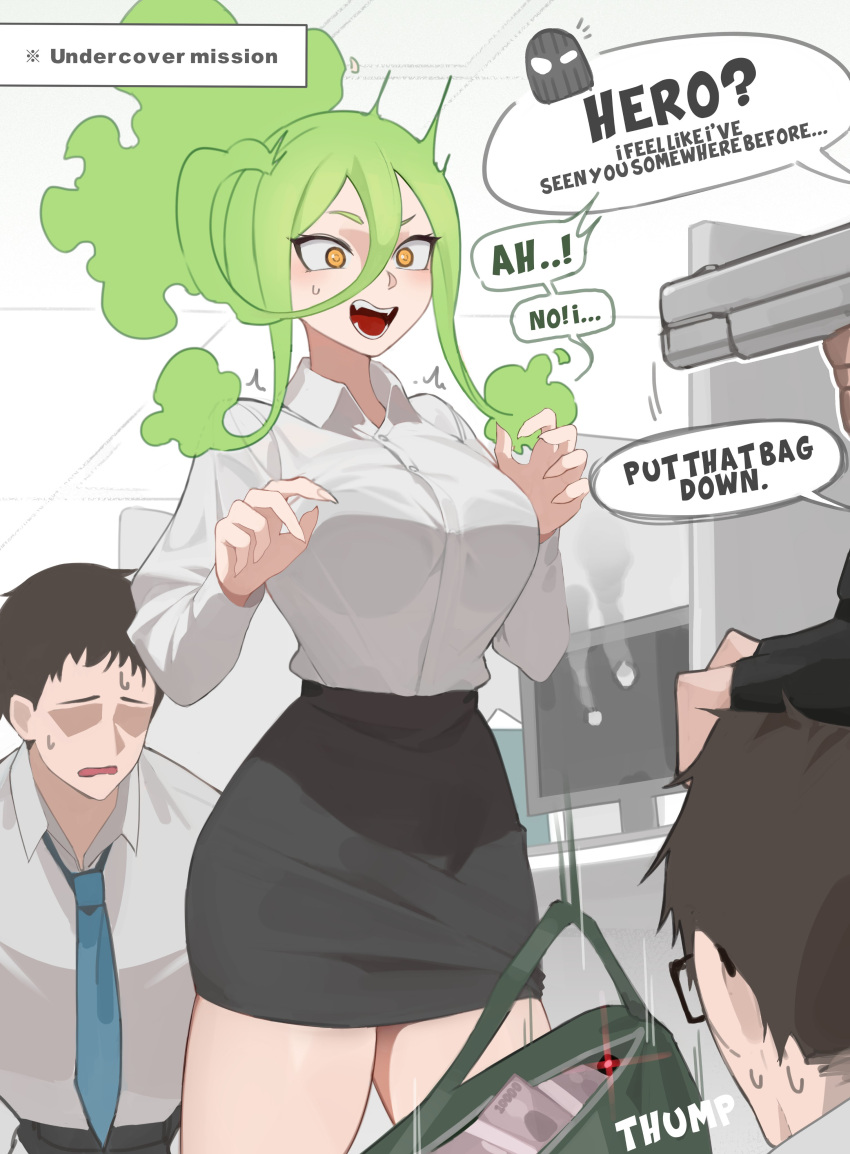 1girl, 3boys, absurdres, bare_legs, black_skirt, boku_no_hero_academia, burnin_(boku_no_hero_academia), english_text