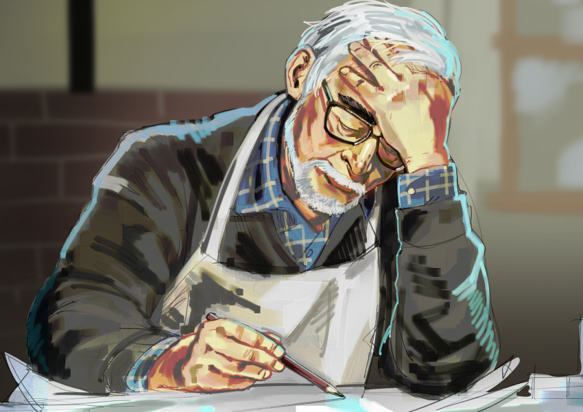 1boy, apron, beard, black_jacket, blue_shirt, closed_eyes, closed_mouth, drawing_(action), english_commentary, facial_hair, glasses, hand_on_own_face, highres, holding, holding_pencil, jacket, male_focus, miyazaki_hayao_(person), old, old_man, pencil, real_life, shirt, solo, trope_art, white_apron, white_hair