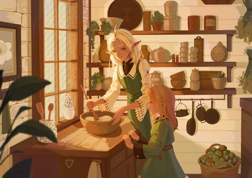 2girls, absurdres, basket, bowl, brown_hair, child, coffee_pot, cup