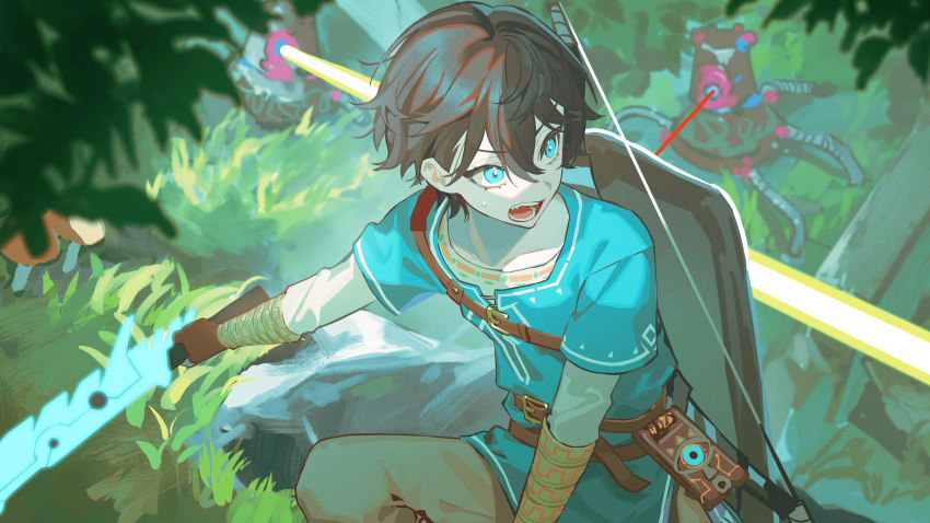 1boy, absurdres, axia_krone, black_hair, blue_eyes, blue_tunic, brown_gloves, brown_pants