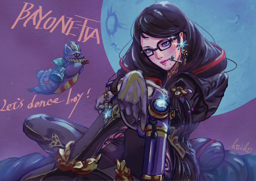 1girl, absurdres, artist_name, bayonetta, bayonetta_(series), bayonetta_3, black_hair, blue_eyes, catchphrase, character_name, commentary, earrings, glasses, gloves, gun, highres, holding, holding_gun, holding_weapon, jewelry, kaiko_pekoe, long_hair, mole, mole_under_mouth, moon, weapon, witch
