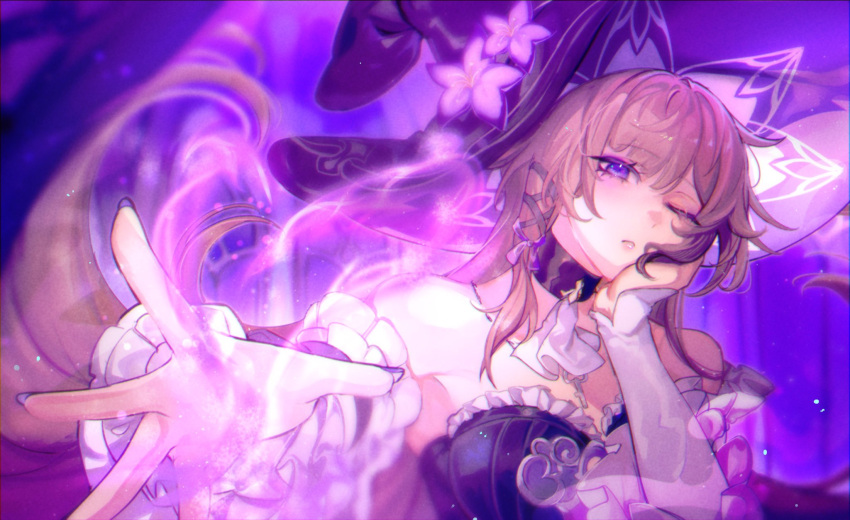 1girl, ;<, ascot, bare_shoulders, black_choker, black_dress, brown_hair, choker, detached_sleeves, dress, evuu, flower, hair_ribbon, hand_on_own_cheek, hand_on_own_face, hands_up, hat, hat_flower, herta_(honkai:_star_rail), highres, honkai:_star_rail, honkai_(series), long_hair, looking_at_viewer, magic, open_hand, outstretched_arm, purple_background, purple_flower, purple_hat, purple_nails, purple_ribbon, ribbon, solo, the_herta_(honkai:_star_rail), upper_body, violet_eyes, white_ascot, witch_hat