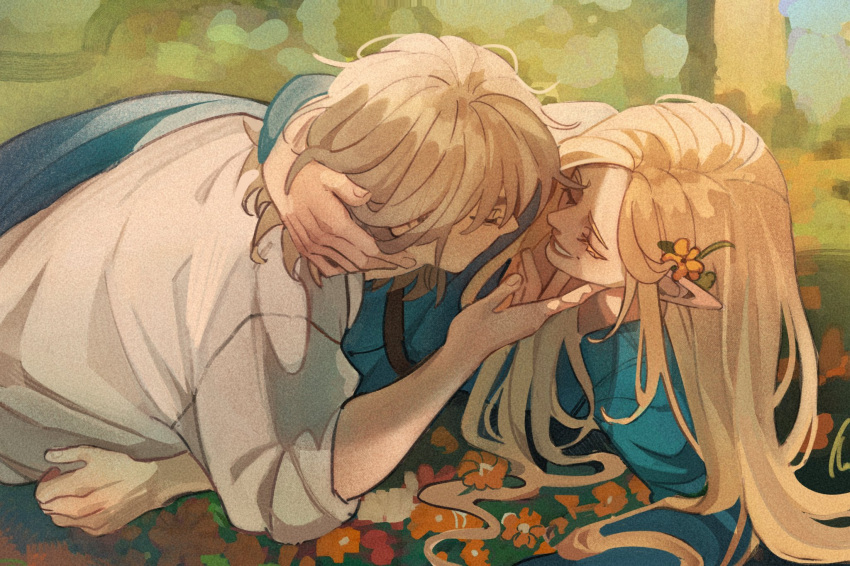 2girls, angrymiloras, blonde_hair, blue_robe, closed_eyes, commentary, day, dungeon_meshi, elf, falin_touden, falin_touden_(tallman), flower, hair_flower, hair_ornament, hand_in_another's_hair, hand_on_another's_face, highres, long_hair, lying, marcille_donato, multiple_girls, on_side, outdoors, parted_lips, pointy_ears, red_flower, robe, shirt, short_hair, sleeves_rolled_up, smile, symbol-only_commentary, white_shirt, yellow_flower, yuri