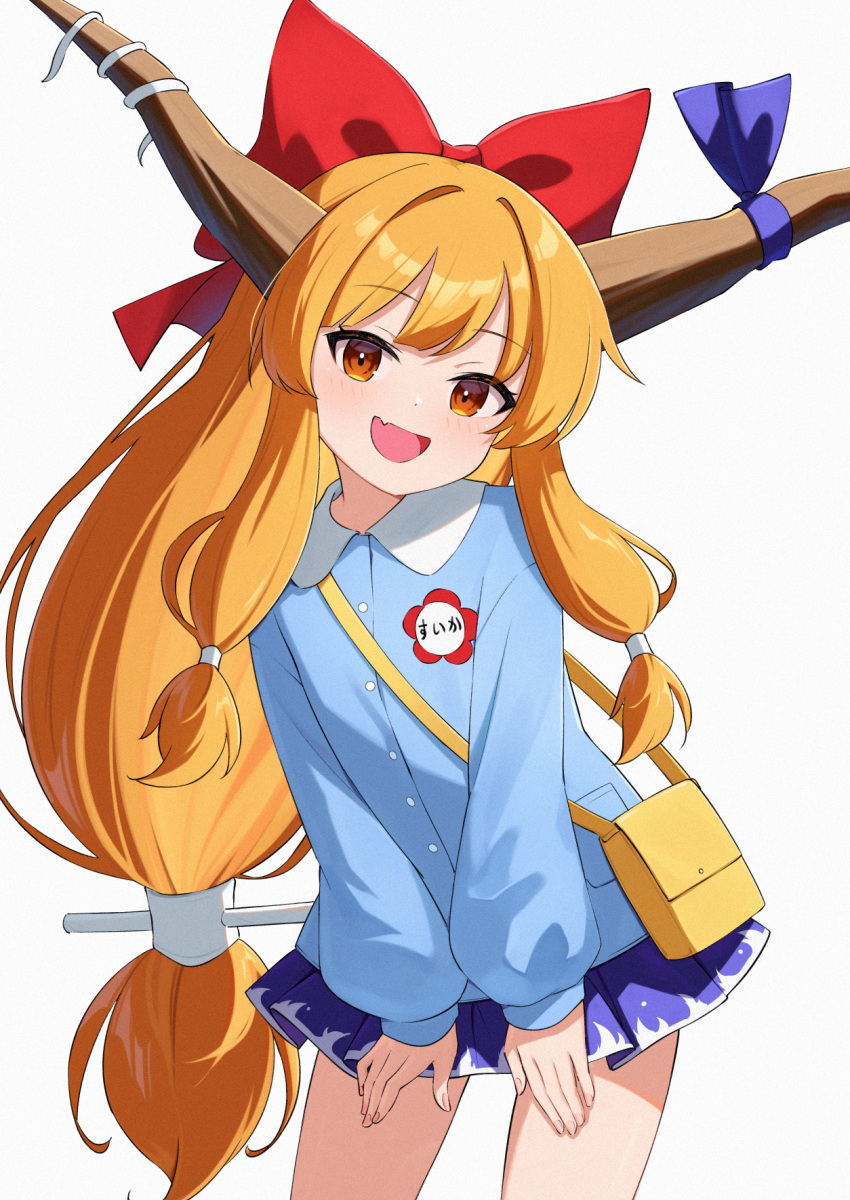 1girl, :d, alternate_costume, blue_shirt, blush, bow, brown_horns, commentary_request