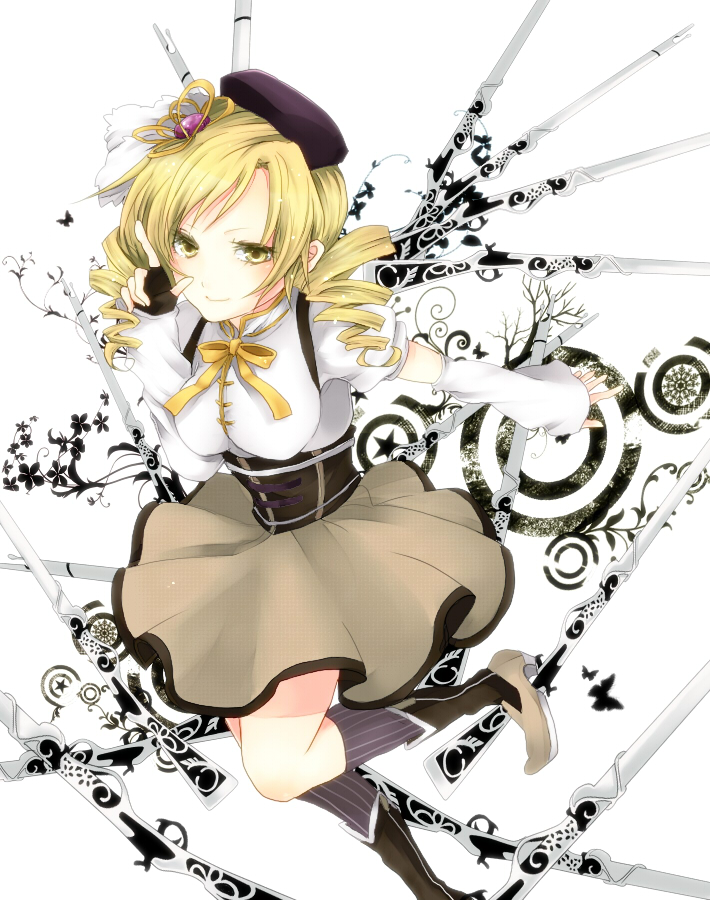 ahiru_(kirakirafifty), bad_id, beret, blonde_hair, boots, brown_legwear, corset, detached_sleeves, drill_hair, fingerless_gloves, gloves, gun, hair_ornament, hairpin, hat, kneehighs, light_smile, magical_girl, magical_musket, mahou_shoujo_madoka_magica, outstretched_arm, pleated_skirt, puffy_sleeves, ribbon, rifle, skirt, solo, taut_shirt, thighhighs, tomoe_mami, twin_drills, vertical-striped_legwear, vertical_stripes, weapon, yellow_eyes, zettai_ryouiki