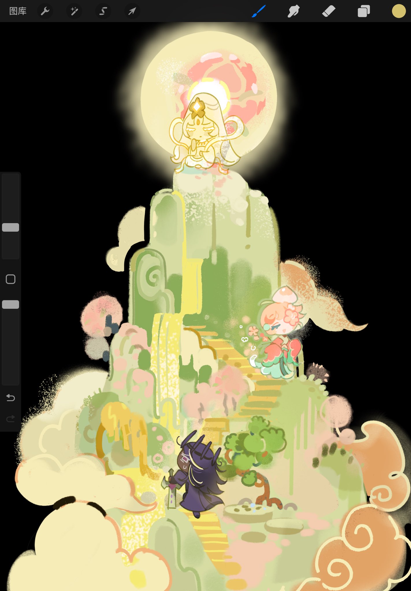1girl, 2boys, azami117, black_hair, chinese_clothes, cookie_run, cookie_run:_kingdom, dark_cacao_cookie