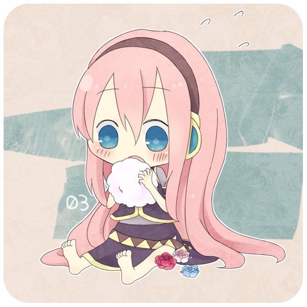 barefoot, blue_eyes, chibi, dress, eating, flower, koma_(remi_398), megurine_luka