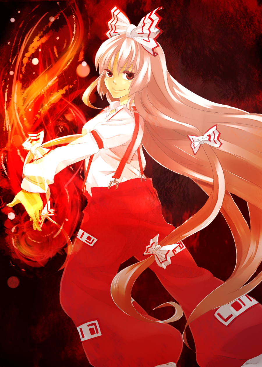 bad_id, fire, fujiwara_no_mokou, highres, long_hair, om666en, solo, touhou
