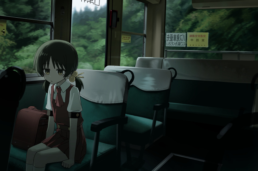 1girl, ascot, backpack, bag, black_hair, brown_eyes, bus_interior, channel_(caststation)