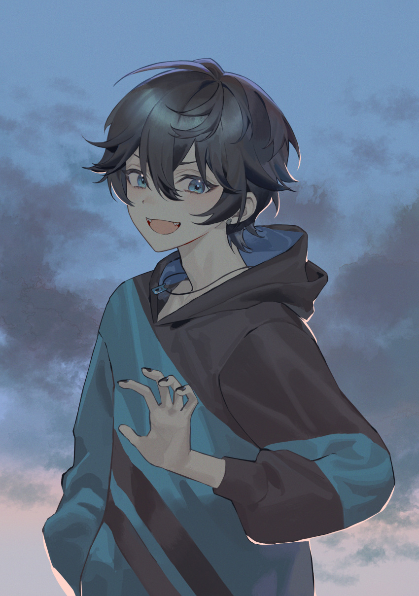1boy, absurdres, axia_krone, axia_krone_(2nd_costume), backlighting, black_hair, black_hoodie, black_nails