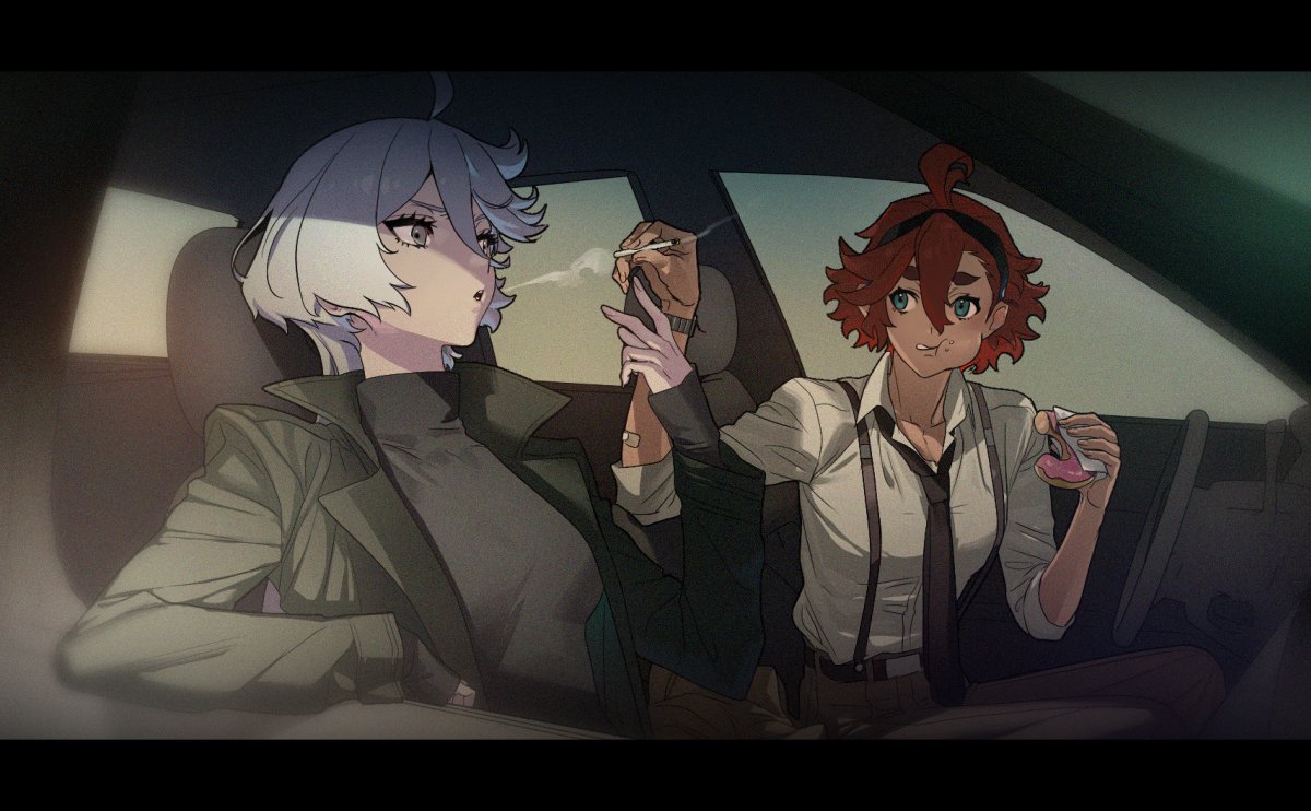 2girls, baesong, black_hairband, black_necktie, black_shirt, blue_eyes, car_interior, chewing