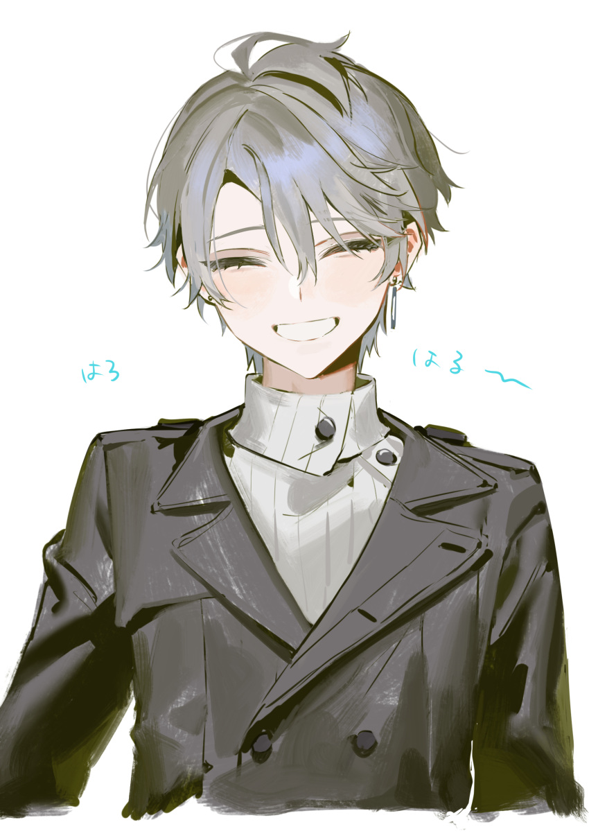 1boy, absurdres, ahoge, black_coat, brown_hair, buttons, closed_eyes, coat