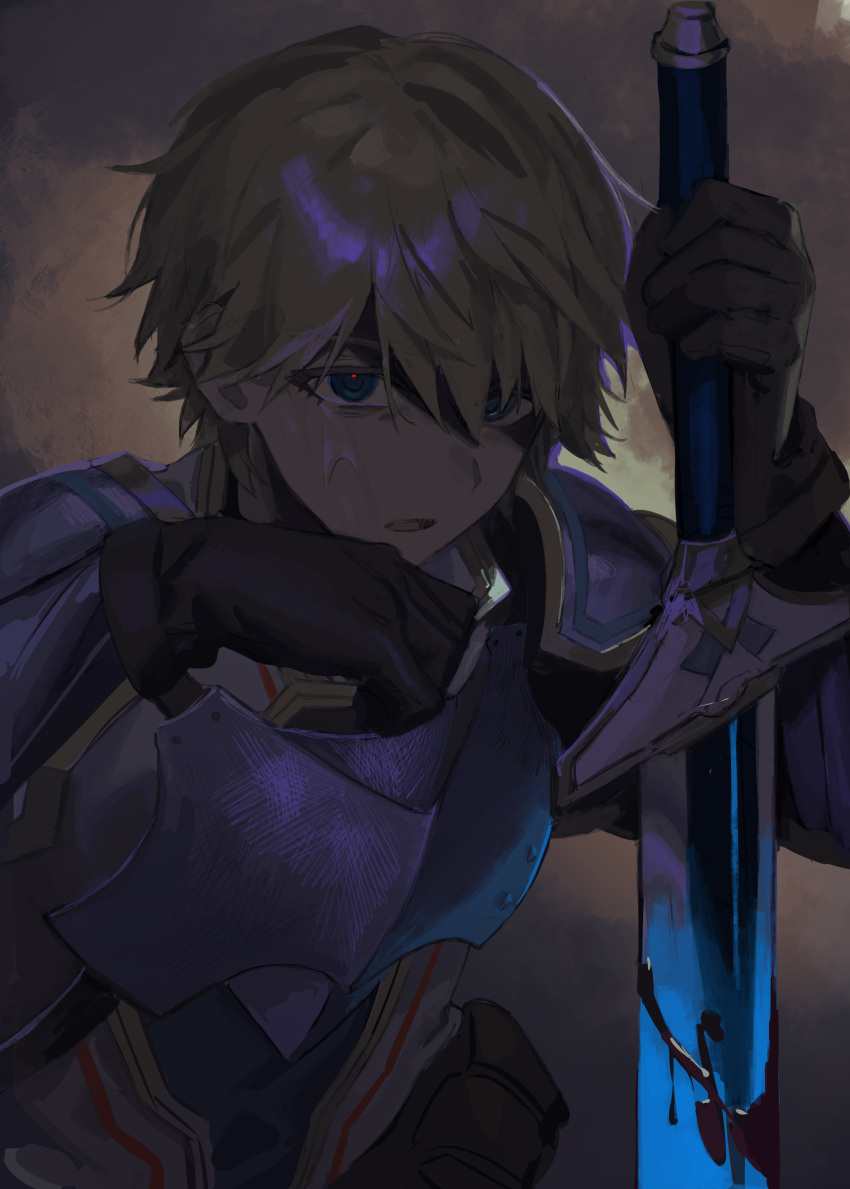 1boy, absurdres, armor, black_gloves, blonde_hair, blood, blood_on_weapon, blue_eyes