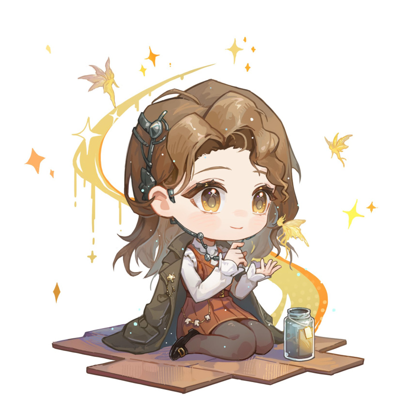 1girl, black_pantyhose, black_shoes, braces, brown_coat, brown_eyes, brown_hair, chibi