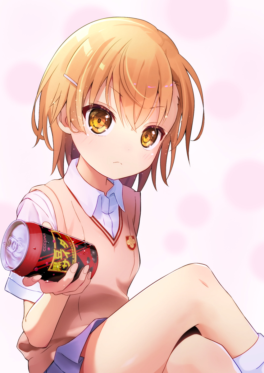 1girl, blue_skirt, breasts, brown_sweater_vest, can, commentary_request, crossed_legs, frown