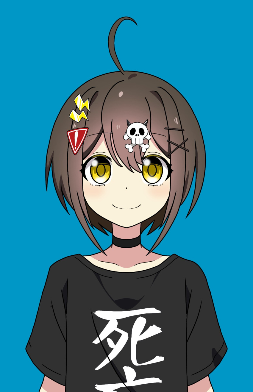 1girl, ahoge, black_choker, black_shirt, blue_background, brown_hair, choker, commentary_request