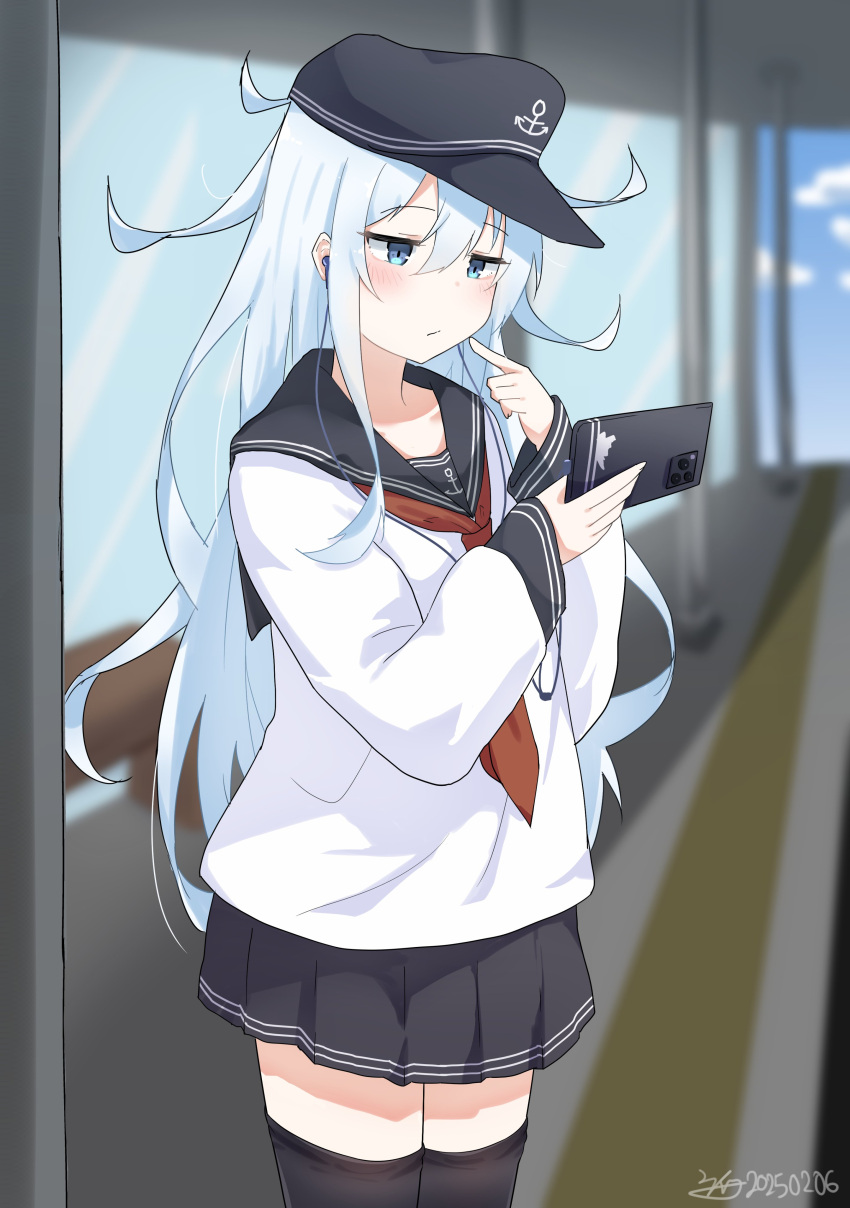 1girl, absurdres, anchor_symbol, black_hat, black_sailor_collar, black_skirt, black_thighhighs, blue_eyes, blush, cellphone, dated, dreamsun, flat_cap, hair_between_eyes, hat, hibiki_(kancolle), highres, holding, holding_phone, index_finger_raised, kantai_collection, long_hair, long_sleeves, neckerchief, phone, pleated_skirt, red_neckerchief, sailor_collar, school_uniform, serafuku, signature, skirt, solo, thigh-highs, white_hair