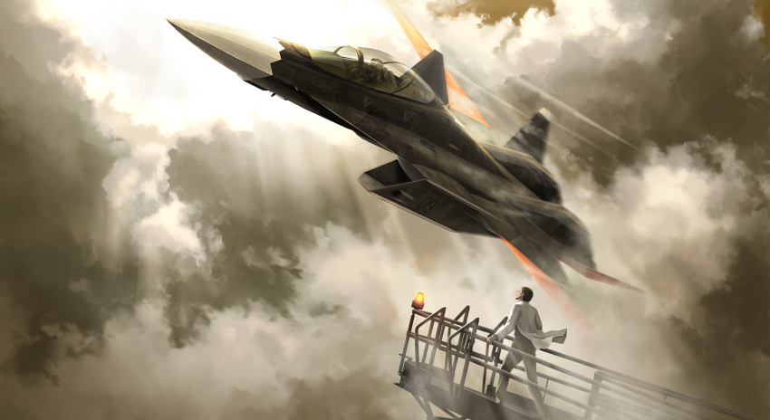2boys, ace_combat, ace_combat_7, aircraft, airplane, clouds, cloudy_sky, commentary_request