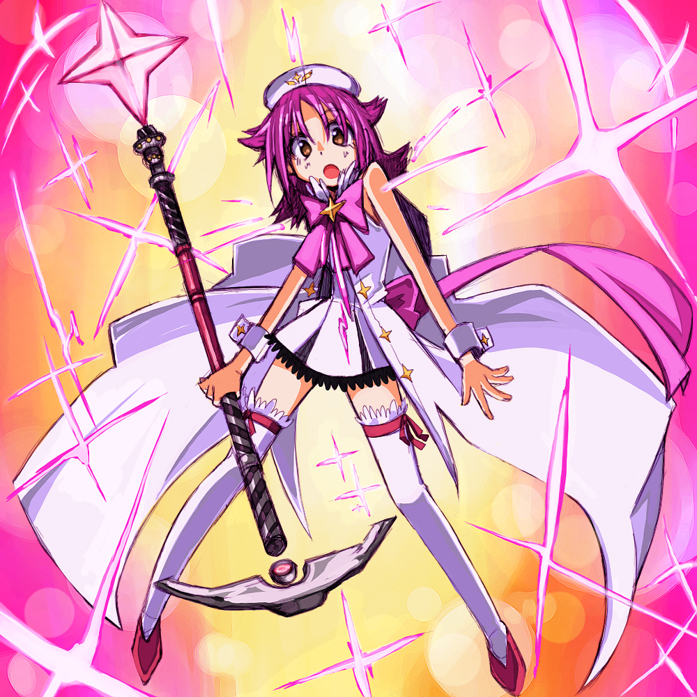 hat, houkago_no_pleiades, kuro_(1968), kuro_(artist), pink_eyes, pink_hair, short_hair, staff