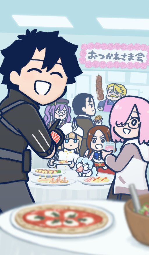 3girls, 4boys, :d, androgynous, apron, atlas_academy_uniform, black_coat, black_dress