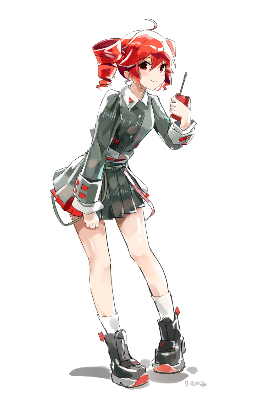 1girl, absurdres, ahoge, ankle_boots, artist_name, black_boots, black_jacket, black_skirt