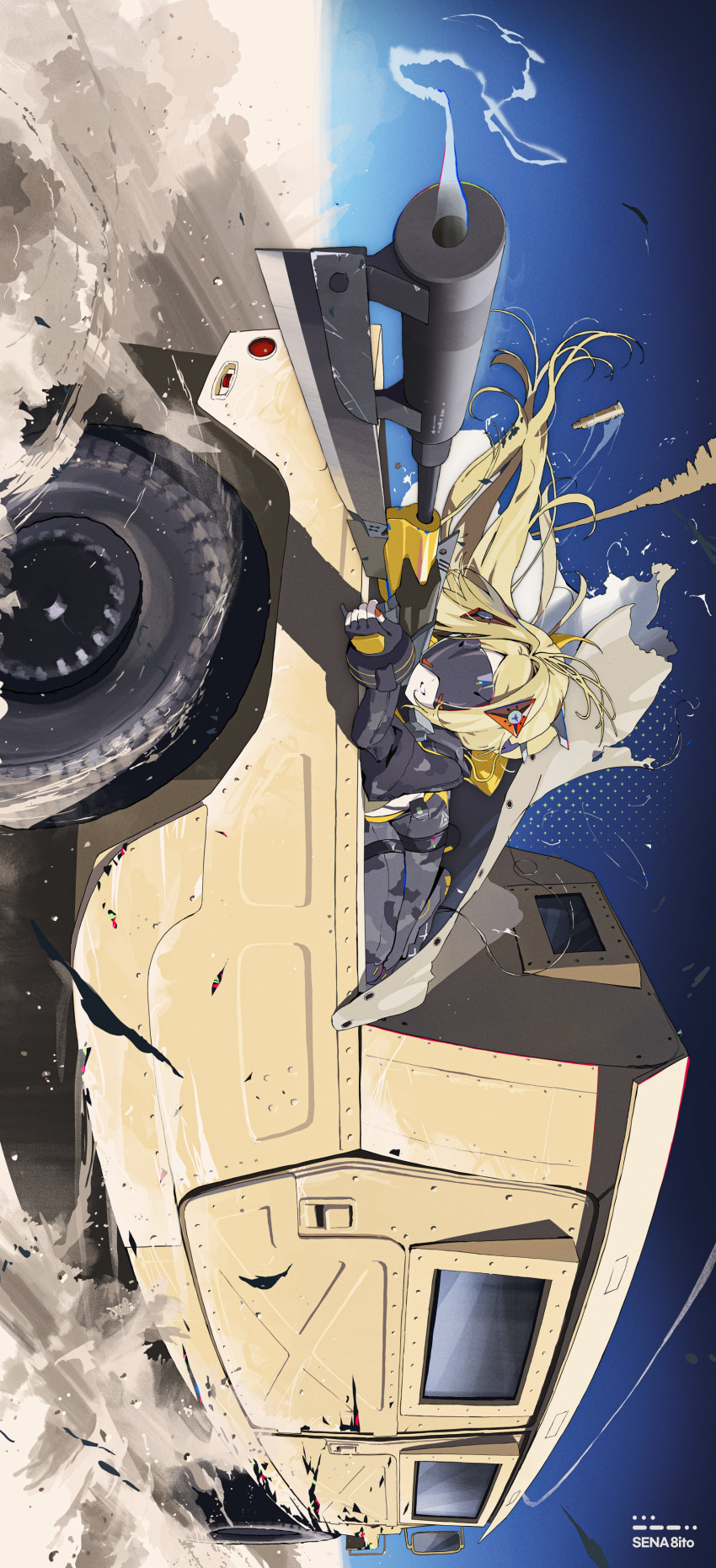 1girl, absurdres, aiming, aiming_at_viewer, black_blindfold, black_gloves, black_pants, black_shrug