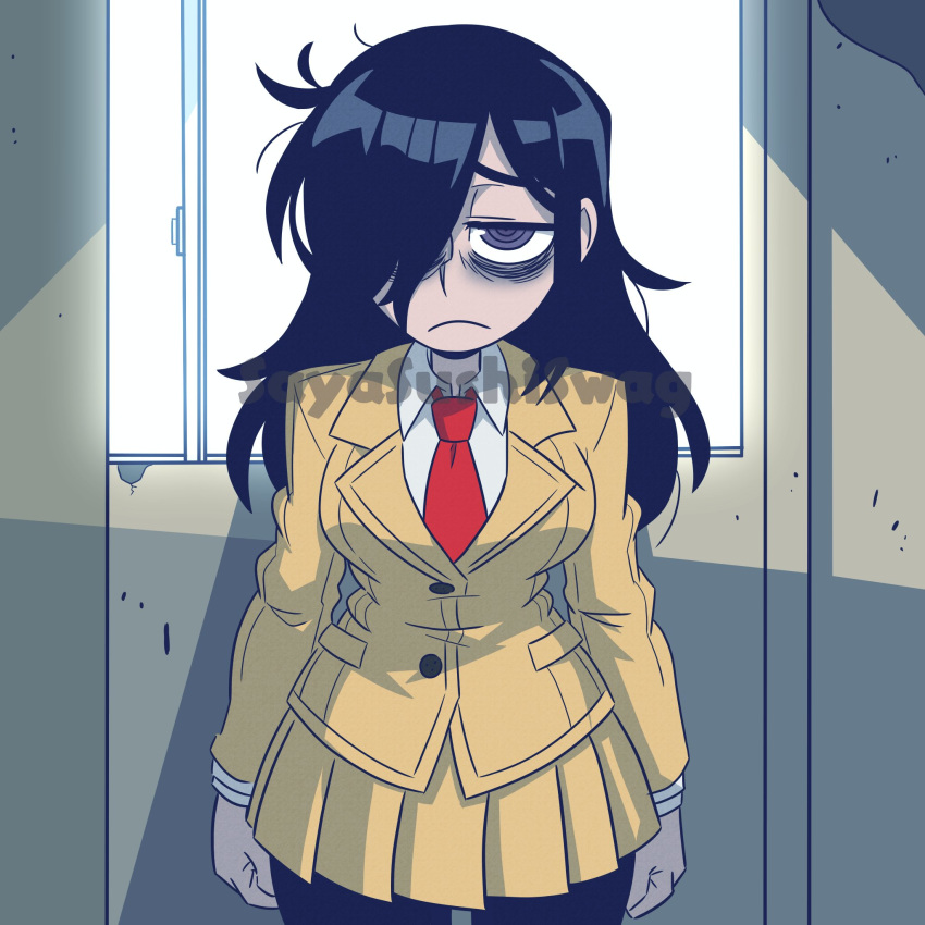 1girl, @_@, artist_name, bags_under_eyes, black_eyes, blazer, breasts, clenched_hands