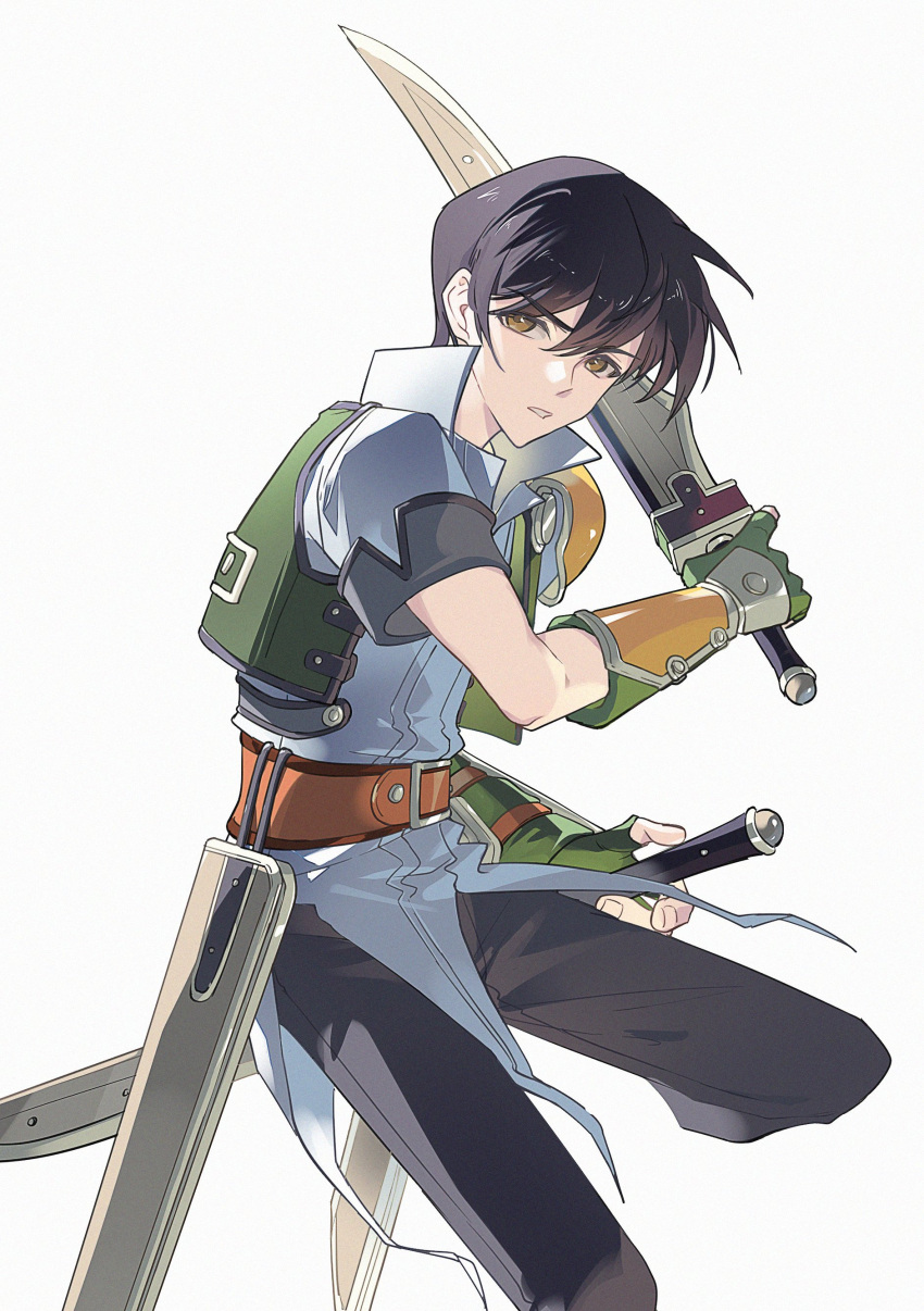 1boy, absurdres, armor, black_hair, cropped_jacket, denim, double-parted_bangs, dual_wielding