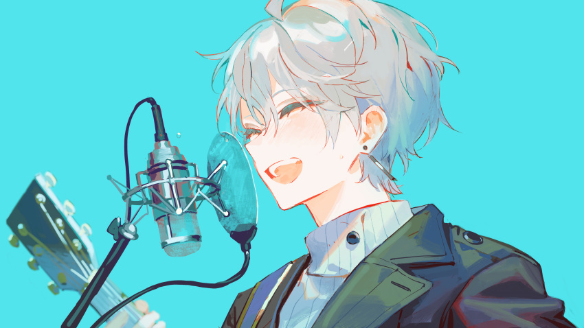 1boy, absurdres, black_jacket, blue_background, closed_eyes, earrings, grey_hair, guitar