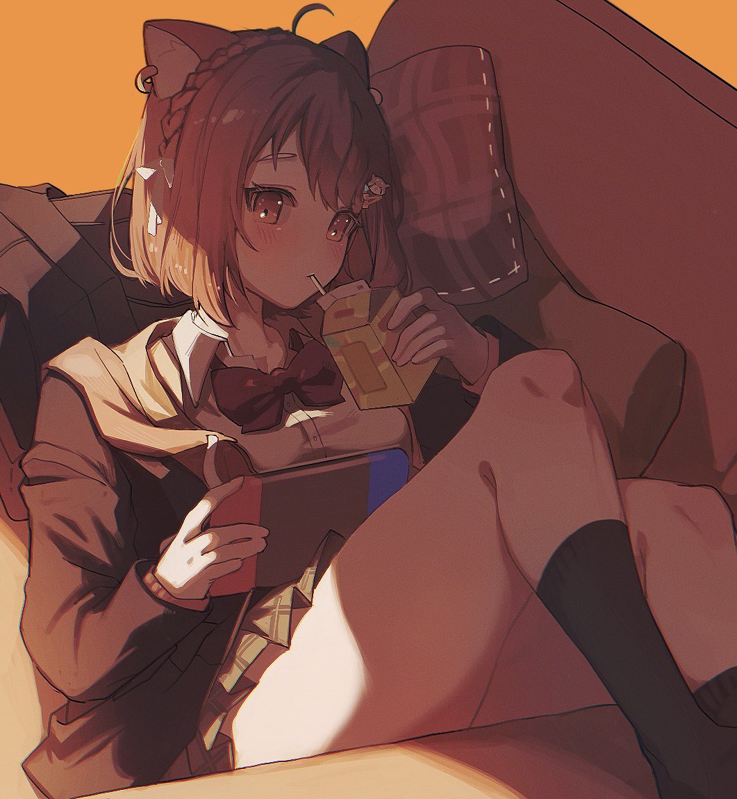 1girl, ahoge, animal_ear_piercing, animal_ears, blush, bow, bowtie, braid
