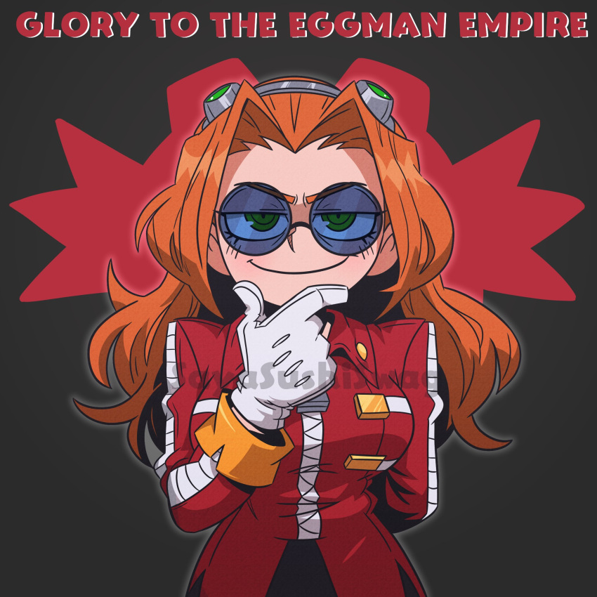 1girl, blue-tinted_eyewear, blush_stickers, breasts, character_name, commentary, cowboy_shot, dr._eggman, eggma'am, english_commentary, english_text, genderswap, genderswap_(mtf), gloves, green_eyes, hand_on_own_chin, highres, jacket, long_hair, looking_at_viewer, medium_breasts, orange_hair, red_jacket, round_eyewear, sayasushiswag, simple_background, smile, smug, solo, sonic_(series), standing, sunglasses, tinted_eyewear, very_long_hair, watermark, white_gloves, zipper