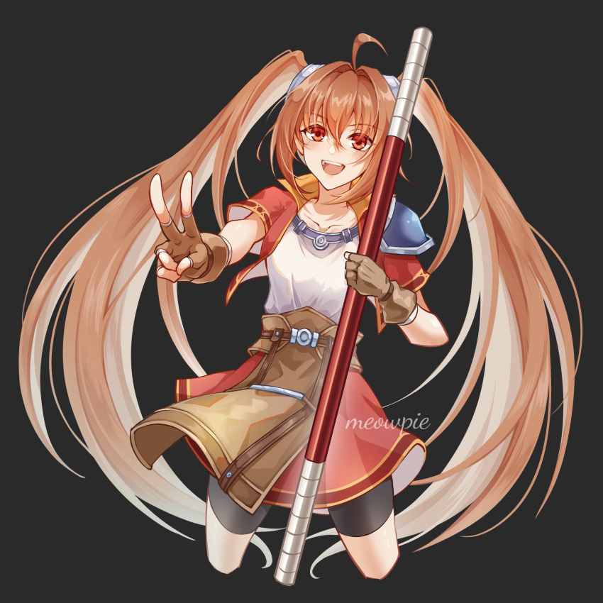 ahoge, antenna_hair, armor, artist_name, bike_shorts, black_background, breasts, brown_gloves, clothes_lift, cropped_jacket, double-parted_bangs, eiyuu_densetsu, estelle_bright, fingerless_gloves, gloves, hair_between_eyes, highres, holding, holding_staff, holding_weapon, long_hair, meowpie, pauldrons, red_eyes, short_sleeves, shorts, shoulder_armor, simple_background, single_pauldron, skirt, skirt_lift, small_breasts, sora_no_kiseki, staff, twintails, v, very_long_hair, weapon