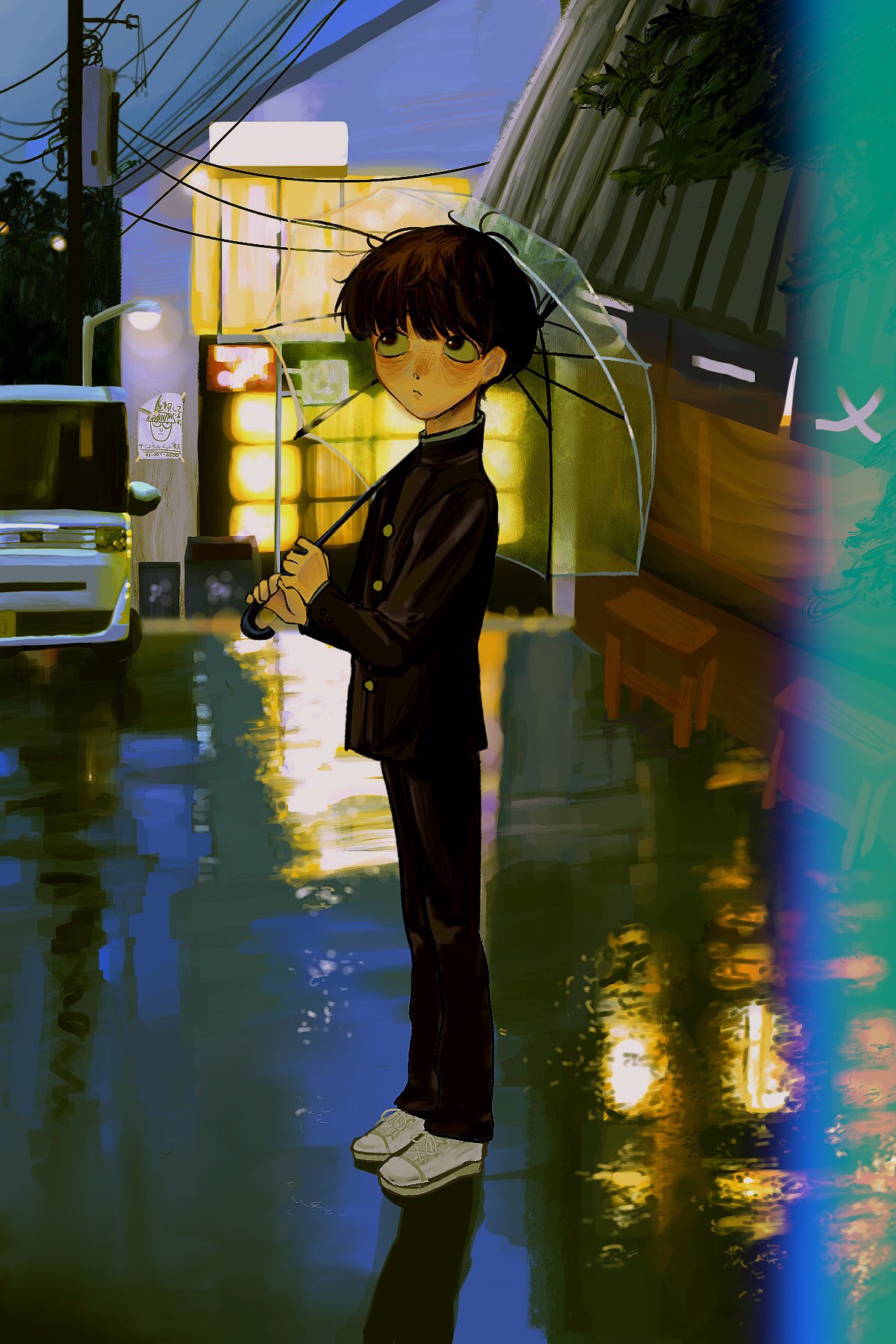 1boy, black_hair, building, car, child, gakuran, highres, holding