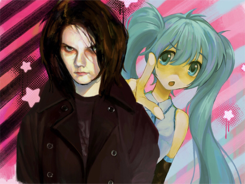1boy, 1girl, :o, aqua_eyes, aqua_hair, black_hair, detached_sleeves, gerard_way