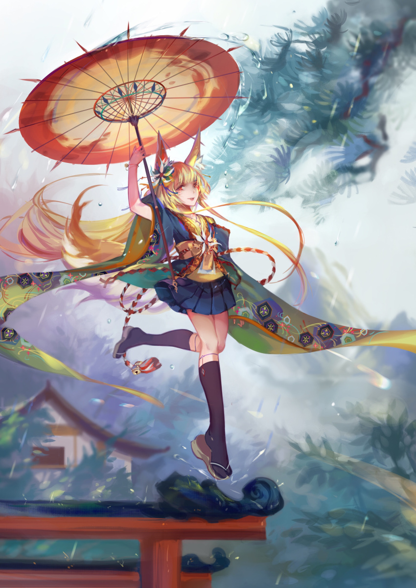 1girl, absurdres, animal_ear_fluff, animal_ears, black_socks, blonde_hair, branch, commentary_request