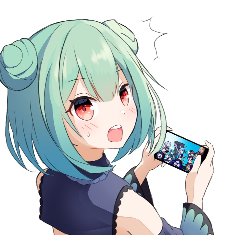 1girl, cellphone, commentary_request, detached_sleeves, double_bun, from_behind, green_hair, hair_bun