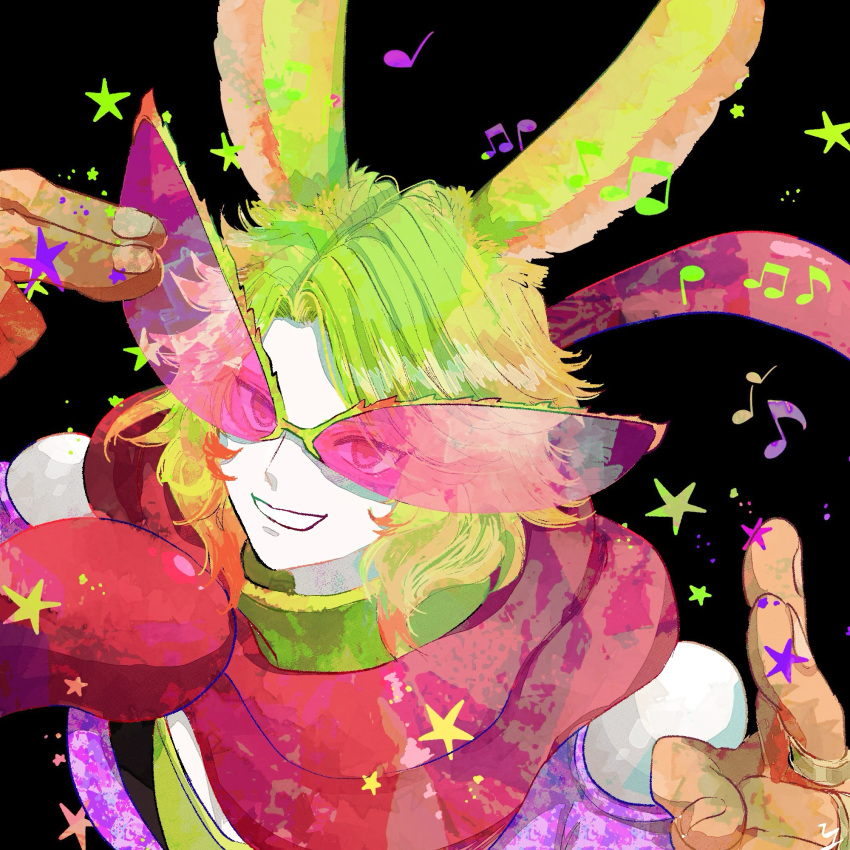 1boy, animal_ears, black_background, colored_skin, dancing_green, final_fantasy, final_fantasy_xiv, from_above