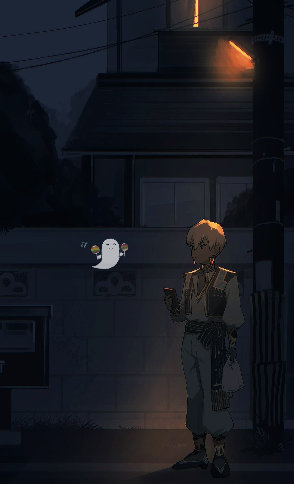 1boy, black_eyes, cellphone, closed_mouth, earrings, fuki_(under_kmtree04), ghost, grey_hair, highres, holding, holding_phone, house, ibrahim_(1st_costume)_(nijisanji), ibrahim_(nijisanji), jewelry, making-of_available, male_focus, night, nijisanji, phone, postbox_(outgoing_mail), smartphone, solo, standing, utility_pole, virtual_youtuber