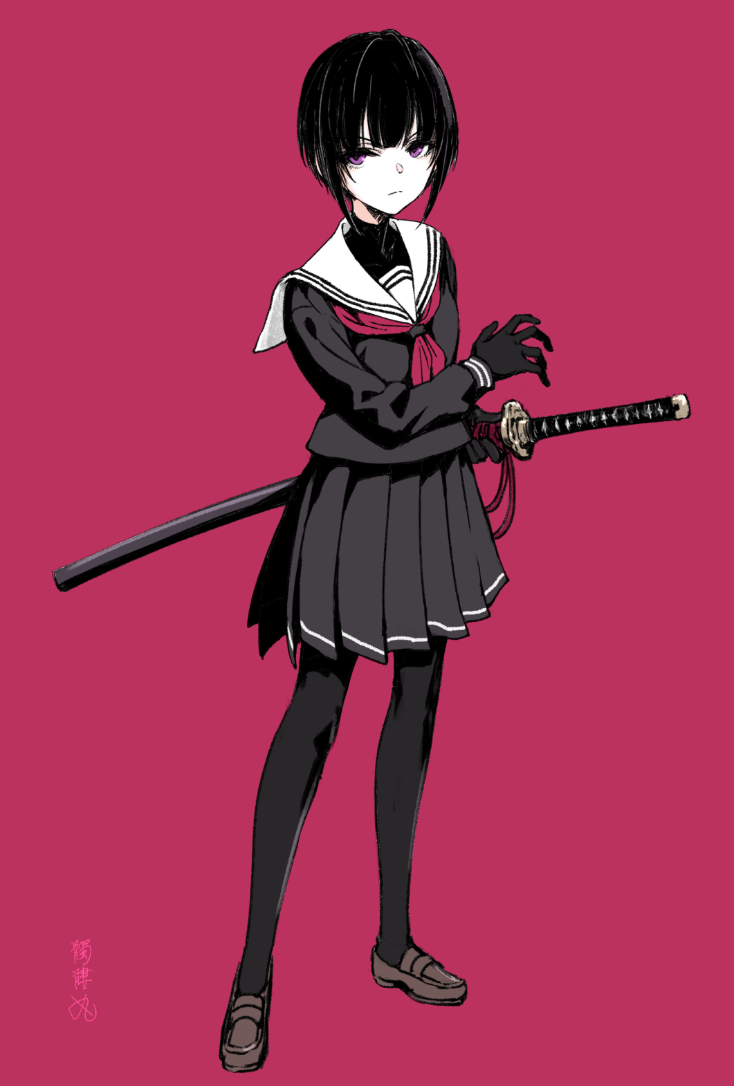 1girl, commentary_request, dokuromaru, expressionless, fighting_stance, full_body, gloves, hand_to_weapon