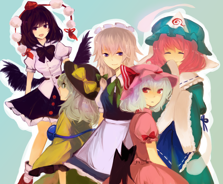 bat_wings, black_hair, blue_eyes, blue_hair, blush, braid, ghost, green_hair, hat, izayoi_sakuya, japanese_clothes, komeiji_koishi, mizuoka, multiple_girls, pink_hair, remilia_scarlet, saigyouji_yuyuko, shameimaru_aya, short_hair, silver_hair, skirt, third_eye, tokin_hat, touhou, twin_braids, wings
