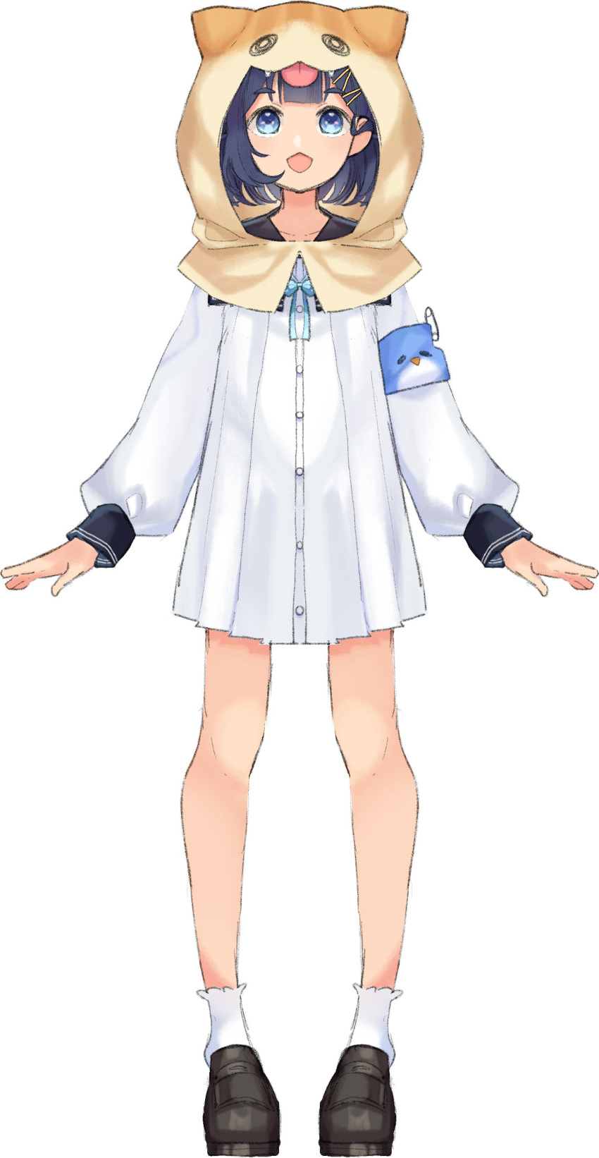 1girl, absurdres, ahoge, animal_hood, armband, black_hair, black_sailor_collar, black_shoes