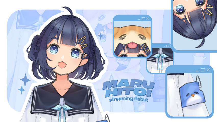1girl, :d, ahoge, april_fools, armband, black_hair, black_sailor_collar, blue_armband